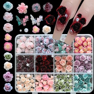 12Grids 3D Gradient Resin Rose Flower Nail Art Charms Colorf