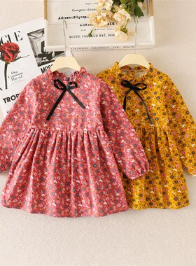 Girls Dress Cotton SpringFall Floral Tie Kids Dress Western