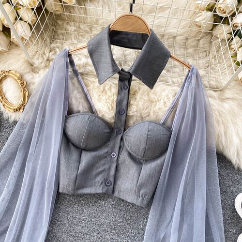 Women Mesh Sheer Blouse See-through Long Sleeve Crop Top Sin