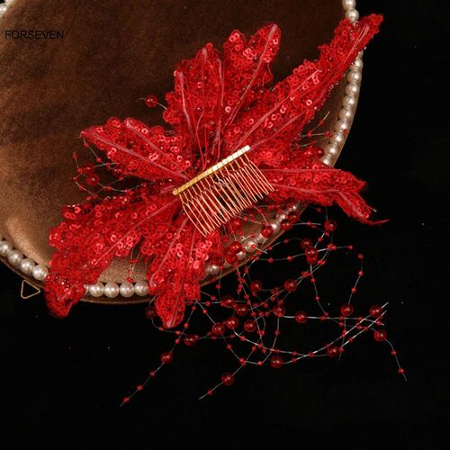 Red Pearl Hair Combs Sparkly Sequins Hairpins and Clips Bead