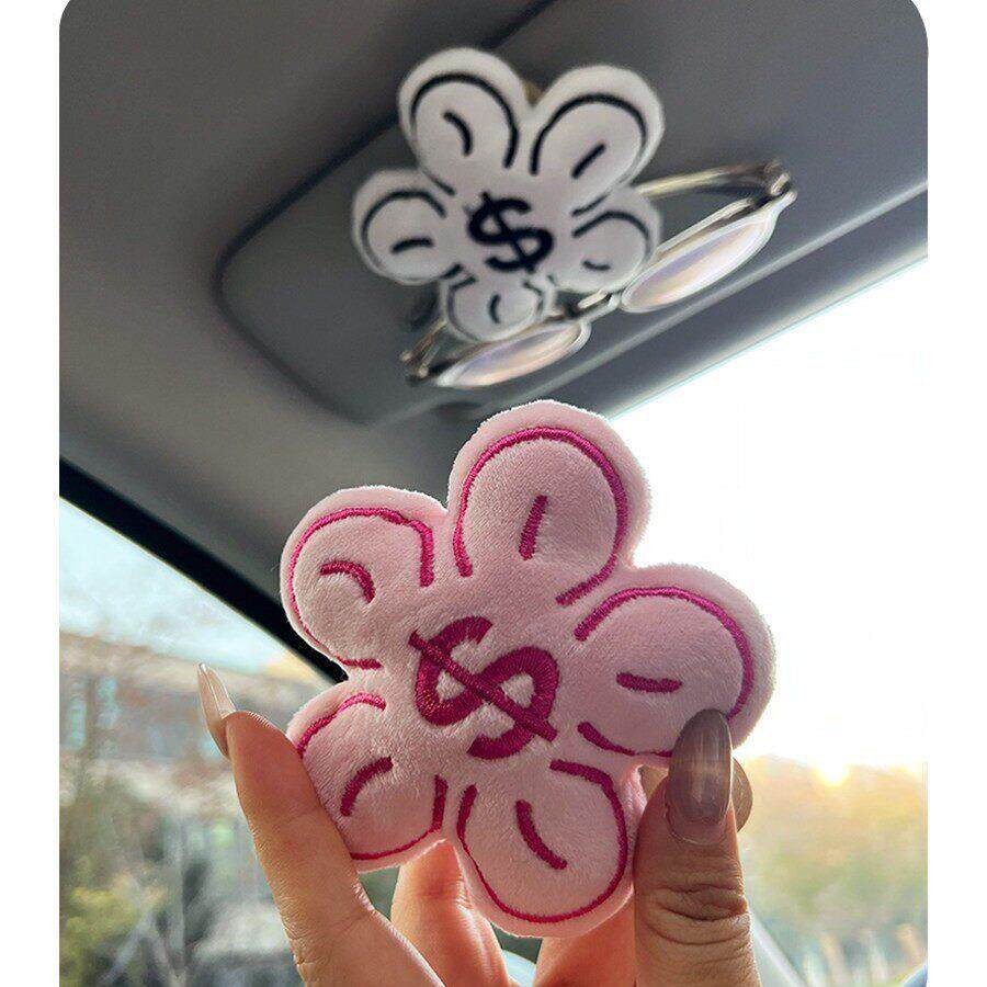 车载眼镜夹有钱花汽车遮阳板粉色可爱眼镜票据多功能少女收纳套PU