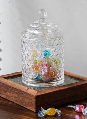 欧式简约蜂窝玻璃糖果罐摆件透明带盖储物罐水果碗糖缸桌面装饰