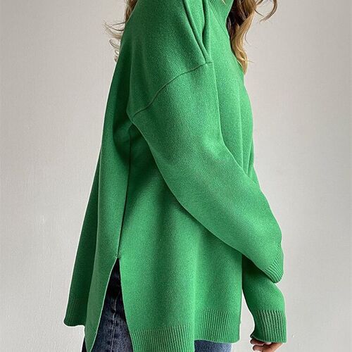 Side Split Warm Turtleneck Pullover Sweater Women Oversize W
