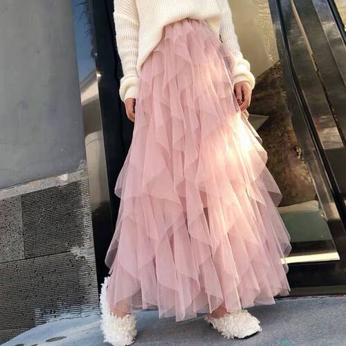 Spring and Summer Skirt Cake Mesh Skirt Pleated Skirt Long S
