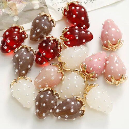 2pc High Quality Pearl Strawberry Resin Charms Kawaii 3D Sim