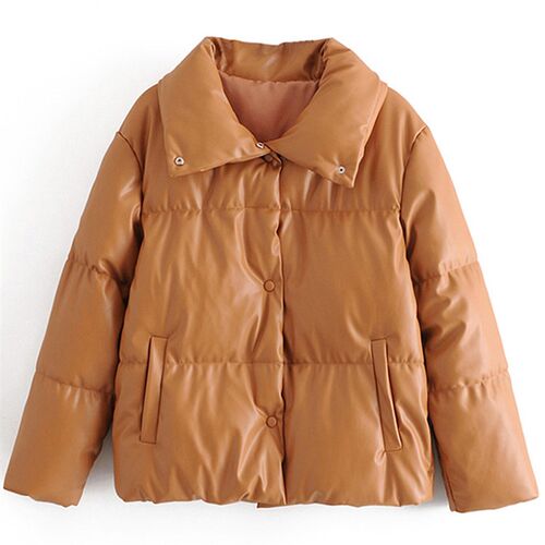 Women PU Leather Parkas Fashion High Set Solid Faxu Leather