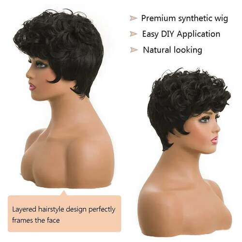 Black Short Pixie Wigs for Women Curly Natural Wavy Syntheti