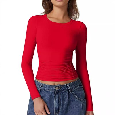 Women round neck slim fit base top T-shirt Black clothing 衣