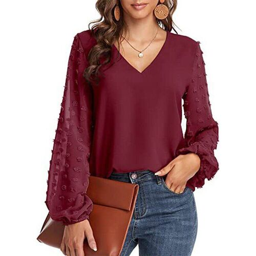 Solid Women Blouse 2022 Spring Fashion V Neck Long Sleeve El