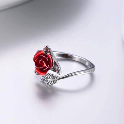 Red Rose Flower Leaves Opening Ring For Women Rhinestone Flo