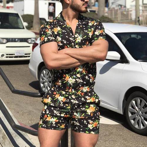 Mens print short sleeve thin set loose beach party new Euro