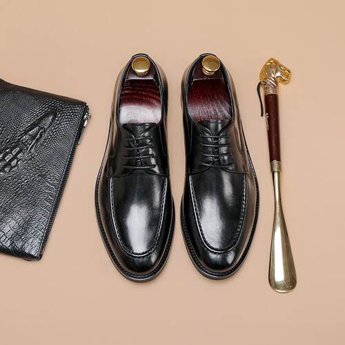 Mens Leather Shoes 夏季手工真皮复古英伦皮鞋一脚蹬休闲包鞋