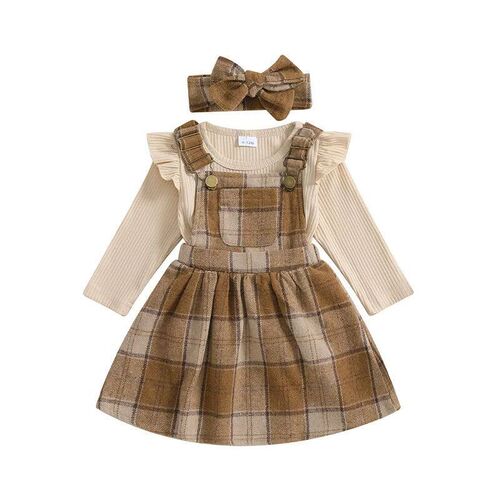 2-Piece Girls Skirt Set Long Sleeve Ruffled Ribbed ops Plaid