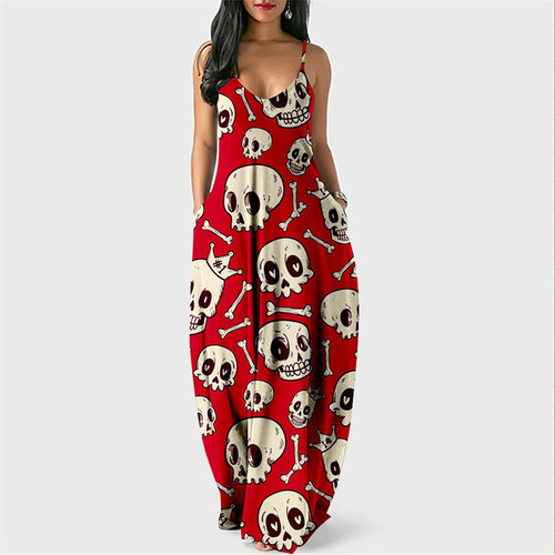 Summer New Women Dresses Long Beach Skirt Skull D Print