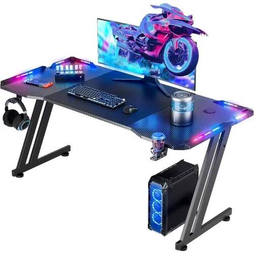 47 Inch Gaming Desk with LED Lights Carbon Fibre Surface Gam