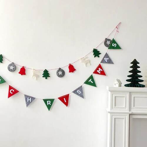 Christmas Banner Garland Wool Felt Triangle Decor New Year