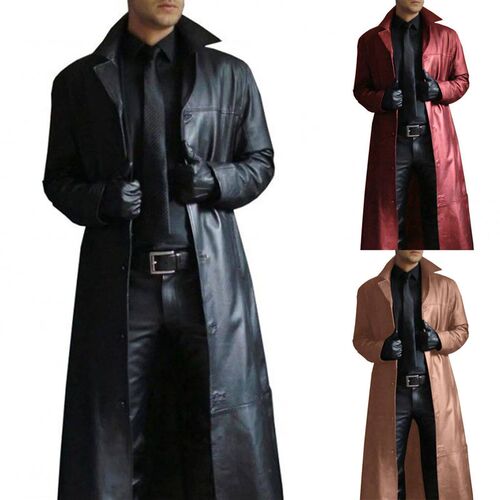 Mens Leather rench Coat Vintage British Style Windbreaker H