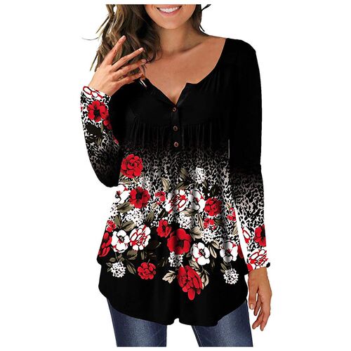 3xl Plus Size Floral Printed Tunic Shirts Fashion Round Neck