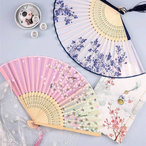 Vintage Silk Folding Hand Fan Chinese Japanese Bamboo Fans C