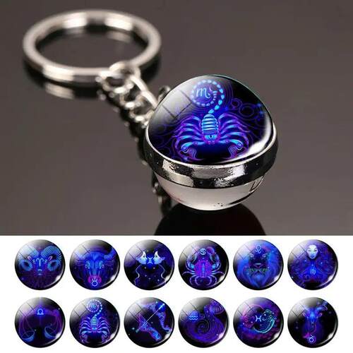 12 Constellation Key Chain Luminous Double Sided Glass Ball