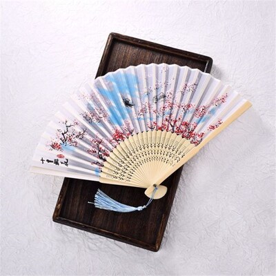 Vintage Silk Folding Fan Retro Chinese Japanese Bamboo Hand