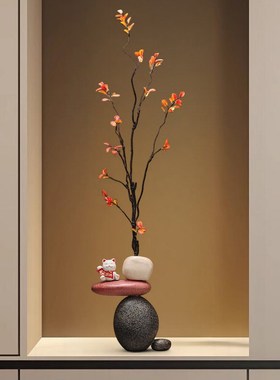 入户玄关壁龛装饰摆件石来运转仿真花艺陶瓷花瓶客厅电视柜装饰品