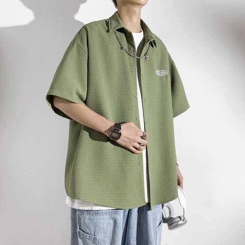 Plaid Short-sleeved Shirt Mens Summer Vintage Ins Fashionab