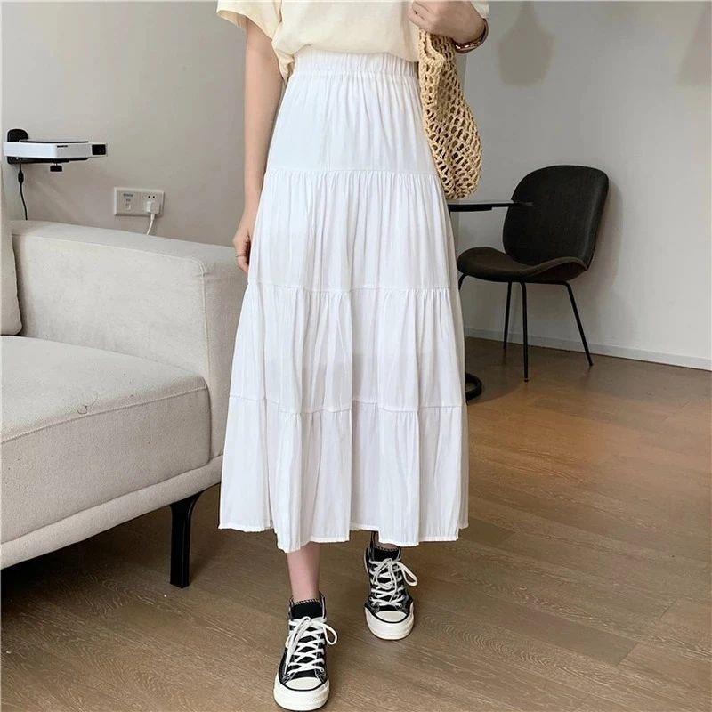 Spring Summer Women Chiffon Skirts Vintage High Waist Elasti图片