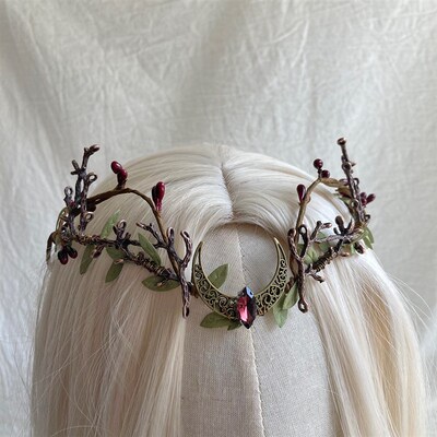 Handmade Woodland Elven Forest  Leaves Crown Red Waterdrop T
