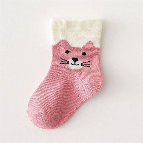 5 Pairs Girls Socks Cartoon Cat Pattern Striped Cotton Comfo