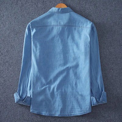New Summer High Quality Men Cotton Light Blue Denim Shirts P
