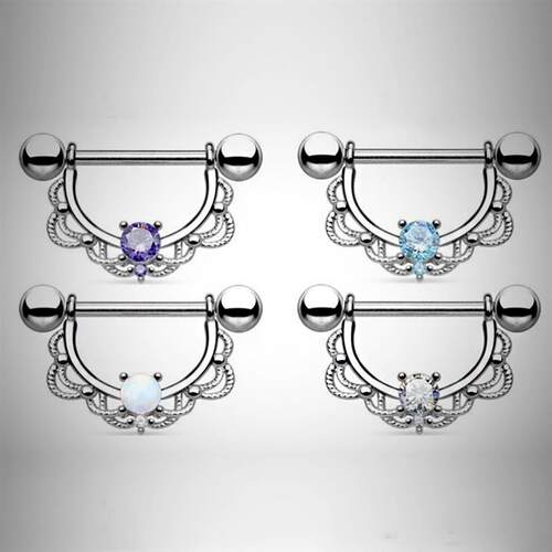2pcs Titanium Nipple Piercing Heart Barbell 14G Opal Nipple