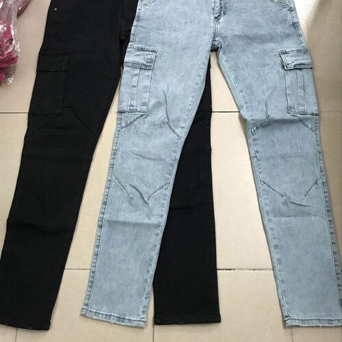Fashion Sreetwear Men Slim Jeans Wash Solid Color Multi Pock
