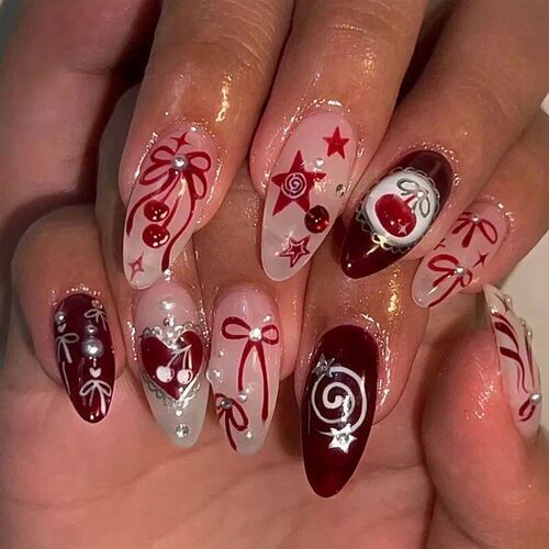 24Pcs False Nails Spicy Girl Silver Bow with Diamond Fake Na