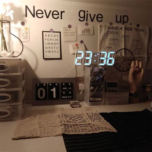 3D LED Digital Clock Wall Deco Glowing Night Mode Adjustable