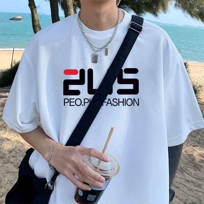 Heavy Waffle Short-sleeve Mens Summer Loose Crewneck T-shir