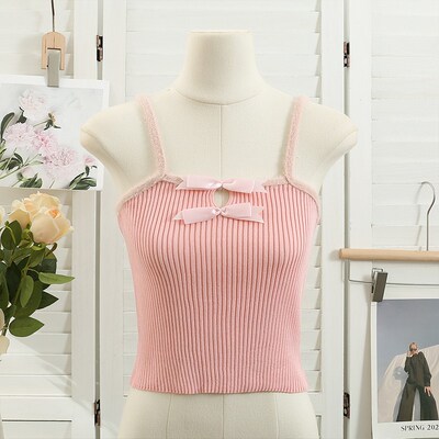 HELIAR Women Bow Knitted Tops Female Plain Straps Tank Tops
