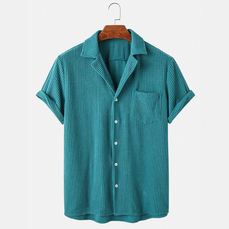 2023 Mens Corduroy Plaid Short Sleeve Shirt Casual Sreetwea - 实物图