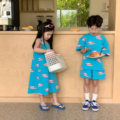 Brother sister dress 2023 summer boy girl korean letter graf