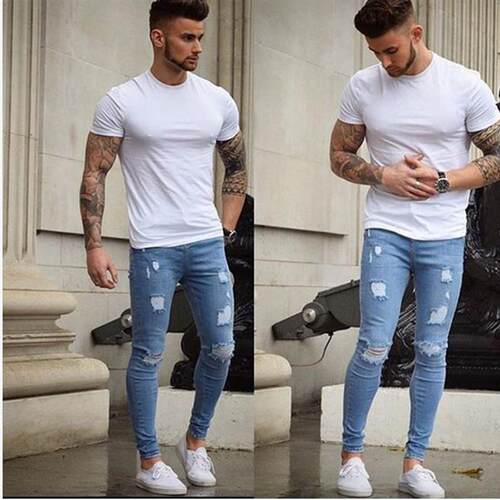 men knee hole pants boys skinny denim pants man ripped jeans