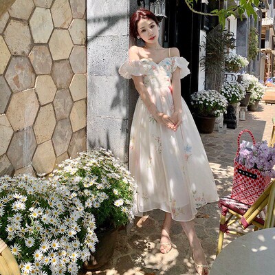 One Shoulder Off Shoulder Bubble Sleeve Strappy Floral Dress