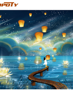 RUOPOTY Frame River Light DIY Painting By Numbers Kit Landsc