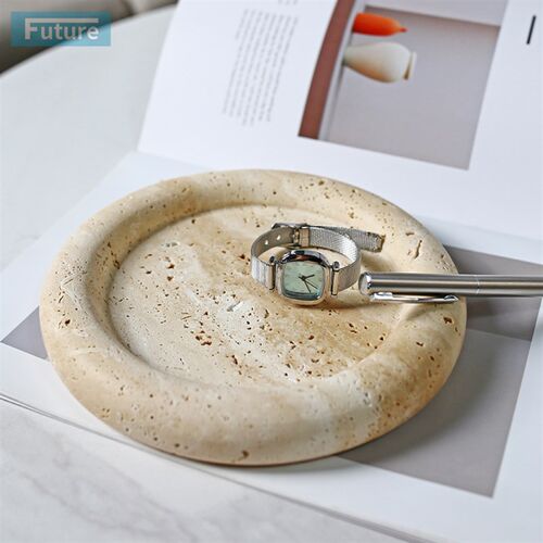 复古侘寂风天然米白洞石大理石圆形托盘客厅装饰盘室内装饰品摆件