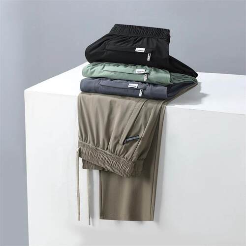 Ice Silk Mens Pants Summer New Black Gray Thin Business Cas