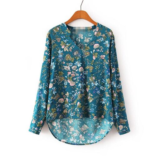 Women Autumn Retro Soft Cotton V Neck Long Sleeve Shirt Flor