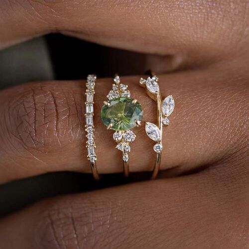 Huitan Olive Green Cubic Zircon 3Pcs Set Rings for Women
