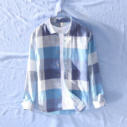 Cotton Linen Casual Plaid Shirts for Men Long Sleeve ops Mal