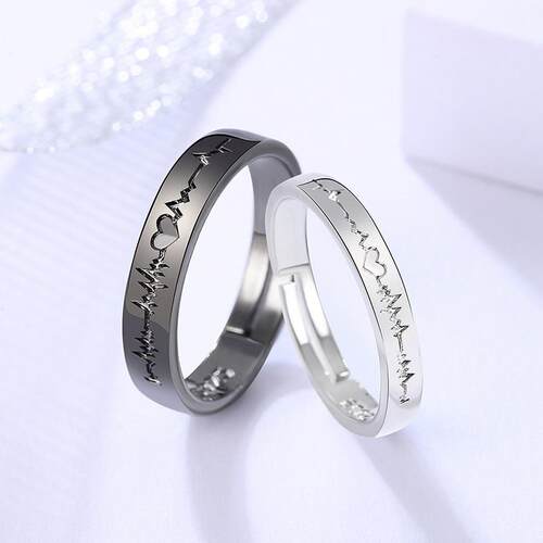 2pcs Fashion Couple Ring Set Minimalist ECG Wings Zircon Adj