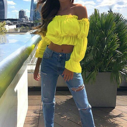New Fashion Womens Chiffon Long Puff Sleeve Off Shoulder Cro