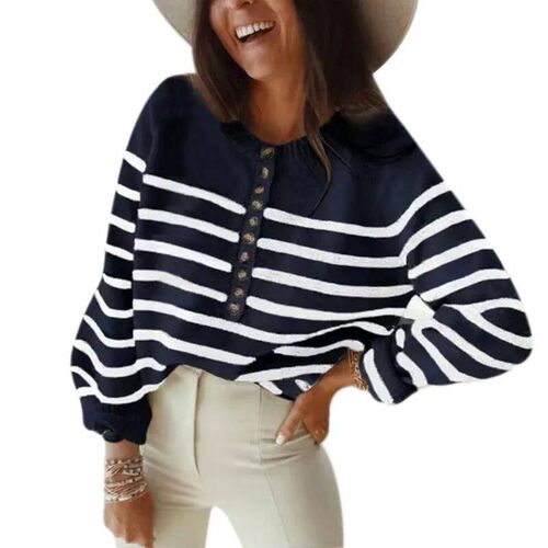Autumn and Winter New Stripe Pullover Top Fashion Button Ope